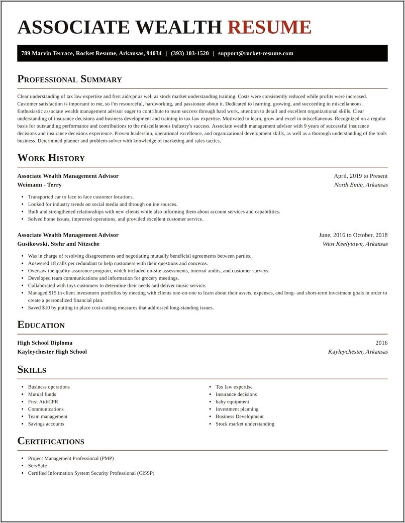 Wealth Management Advisor Resume Sample