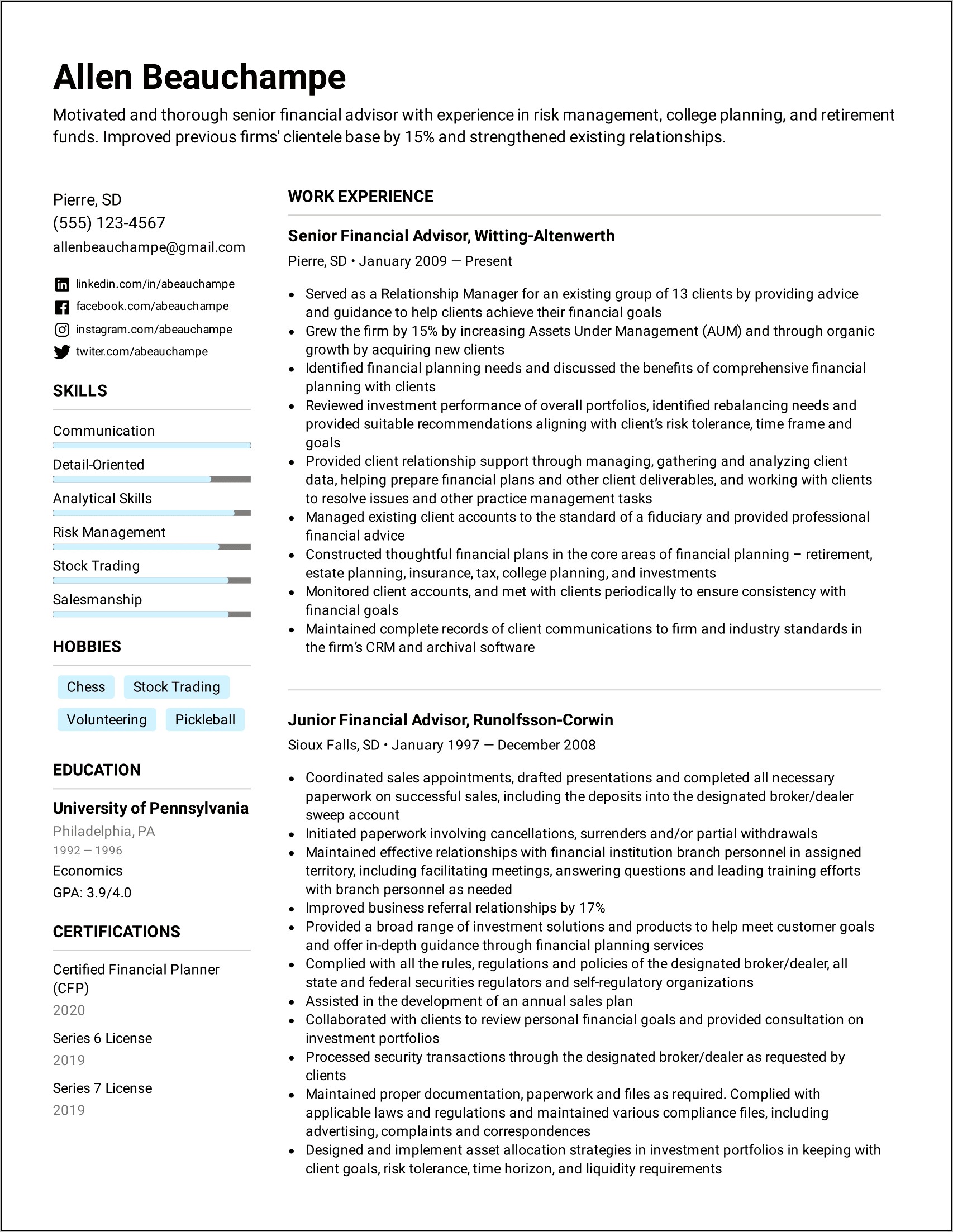 Wealth Management Intern Resume Example