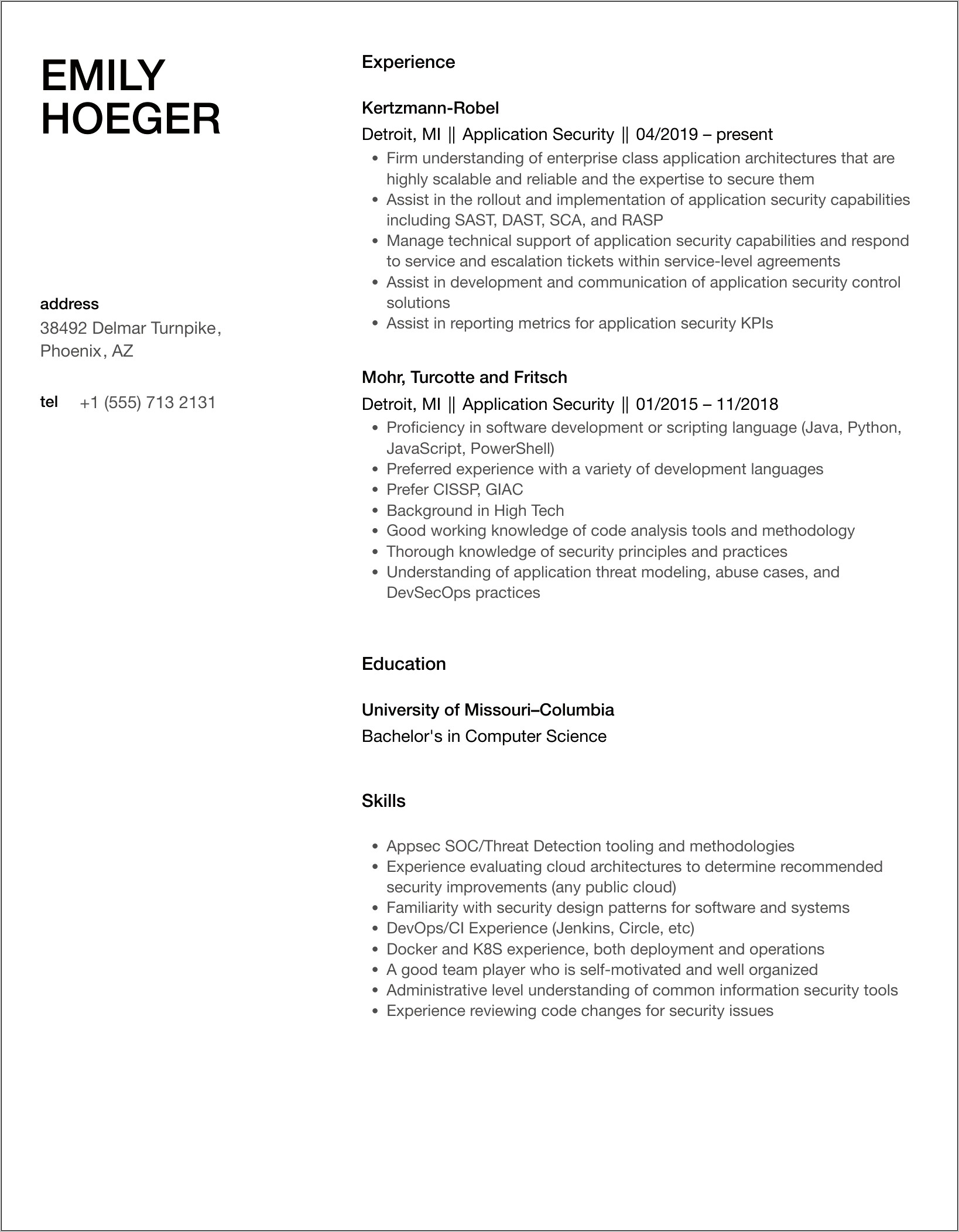 Web Application Security Sample Resume