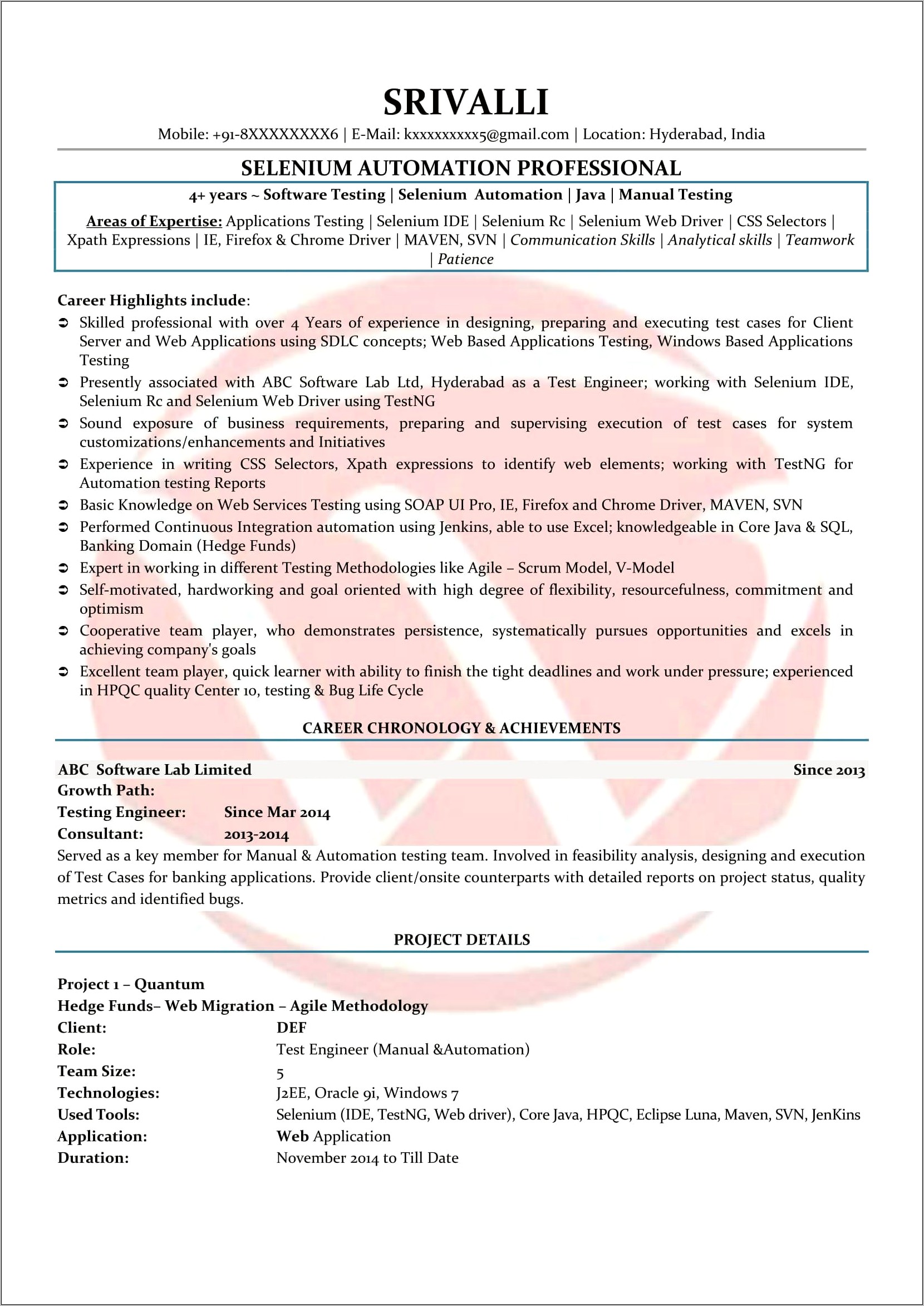 Web Application Testing Sample Resume