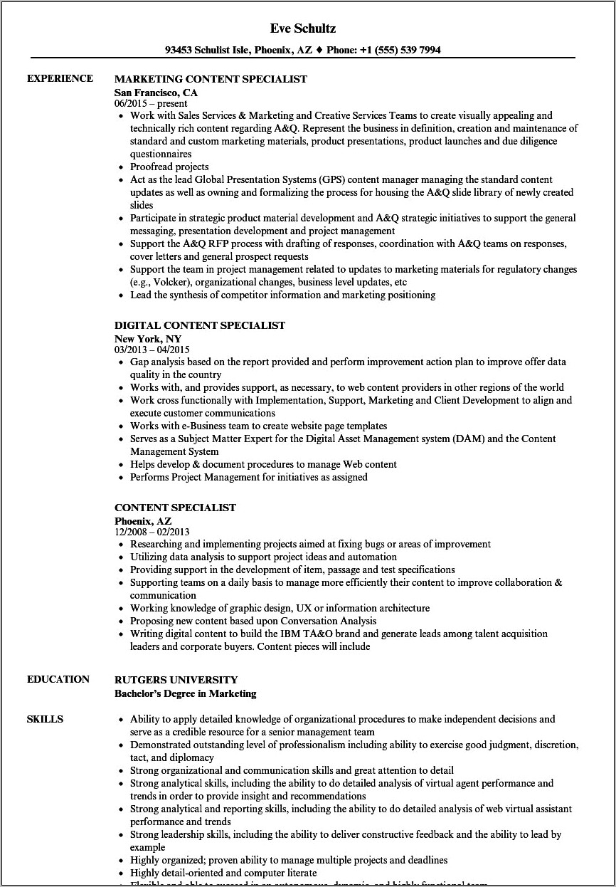 Web Content Management Specialist Resume