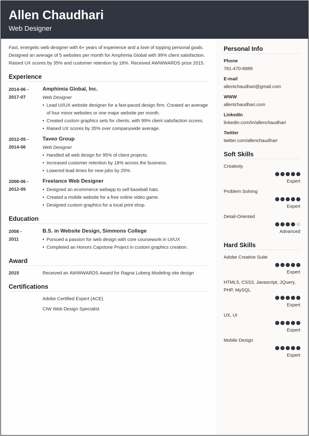 Web Designer Best Resume Format