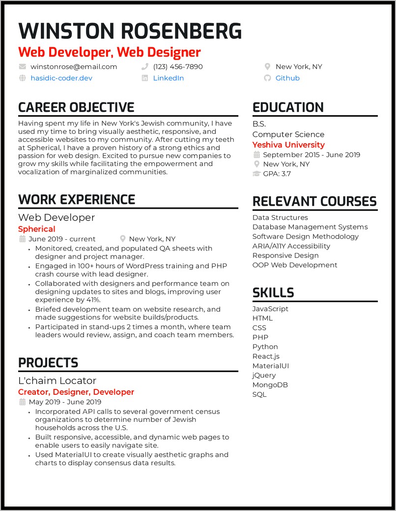 Web Developer Resume Example 2018