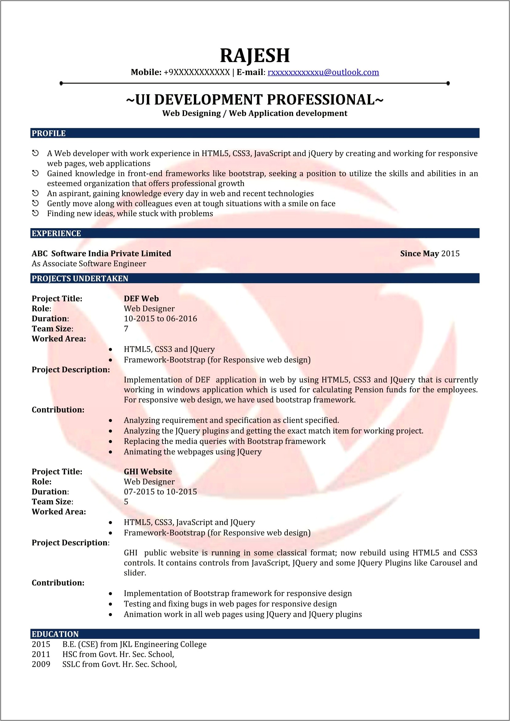 Web Developer Resume Examples 2015