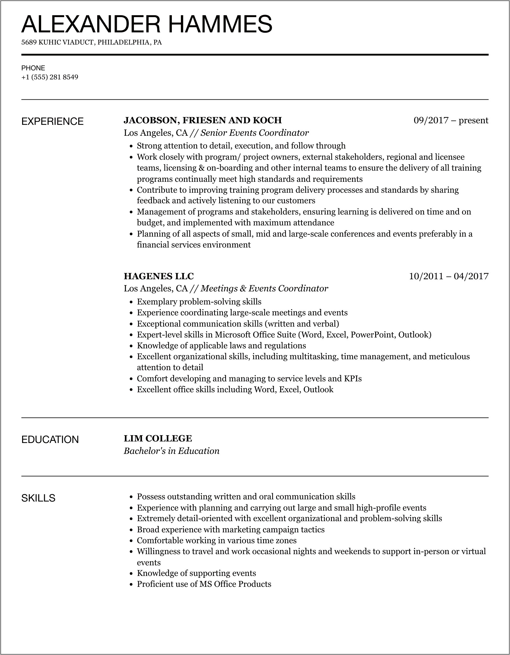 Wedding Coordinator Resume Summary Examples