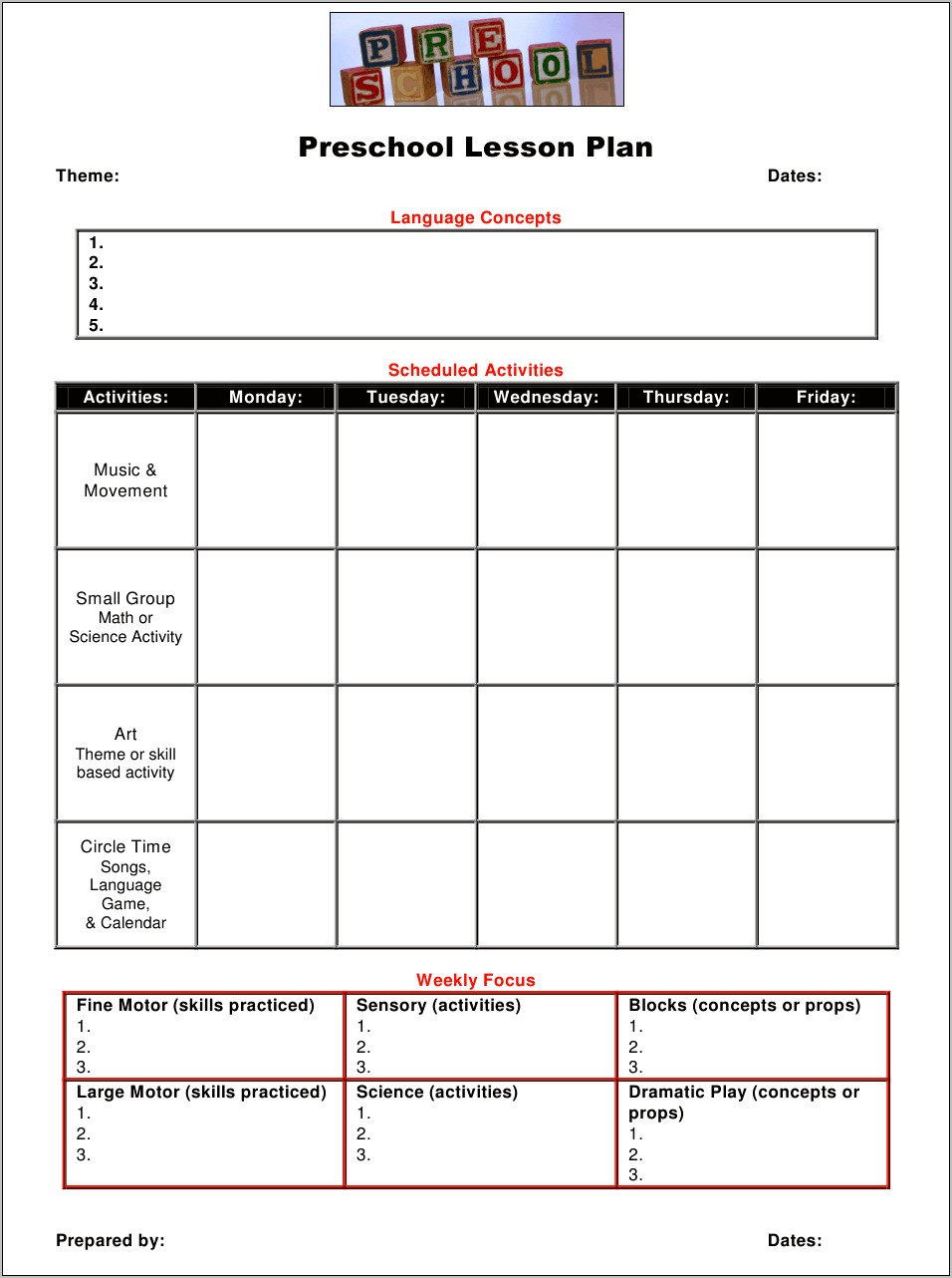 Weekly Lesson Plan Template For Toddlers Free Printable