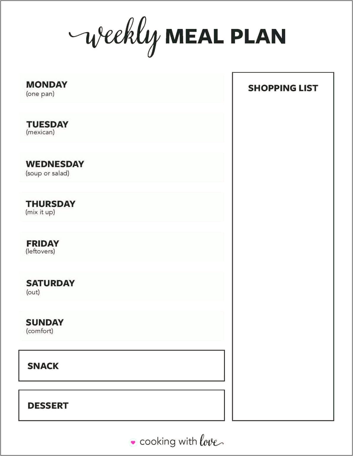 Weekly Meal Planner Template With Grocery List Free