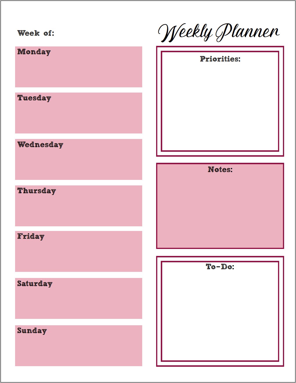 Weekly Planner Template Starts With Sunday Free