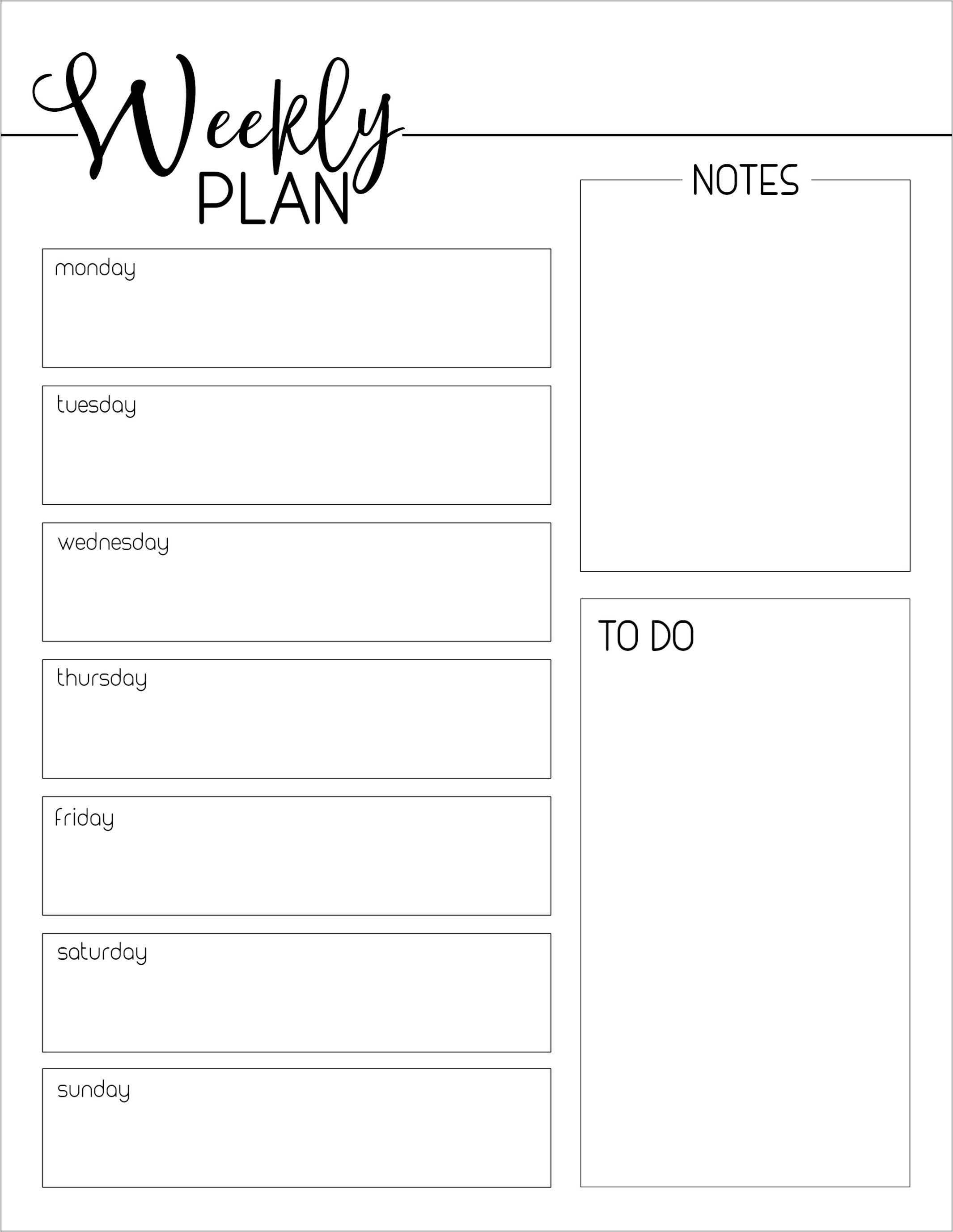 Weekly Schedule Template Free Printable Black And White