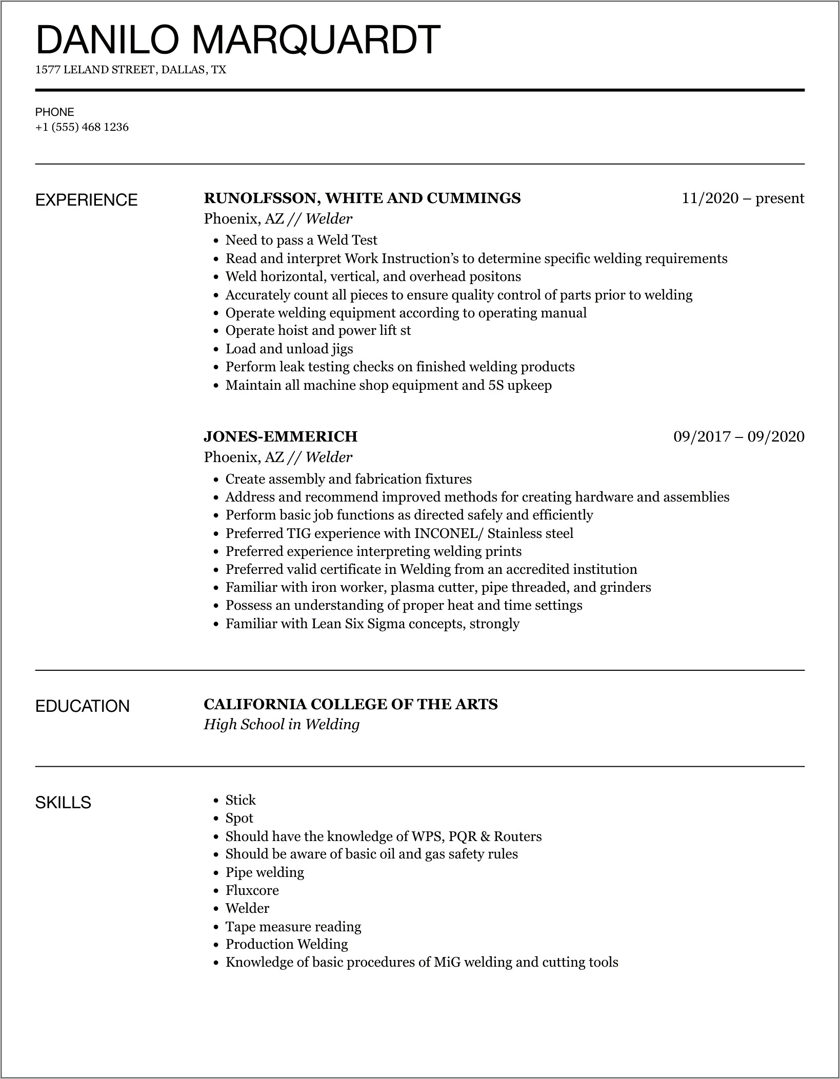 Welder Job Description Resume Sample