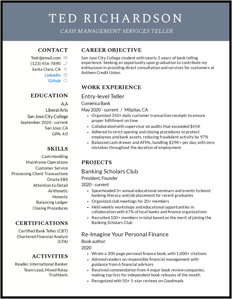 Wells Fargo Teller Resume Sample