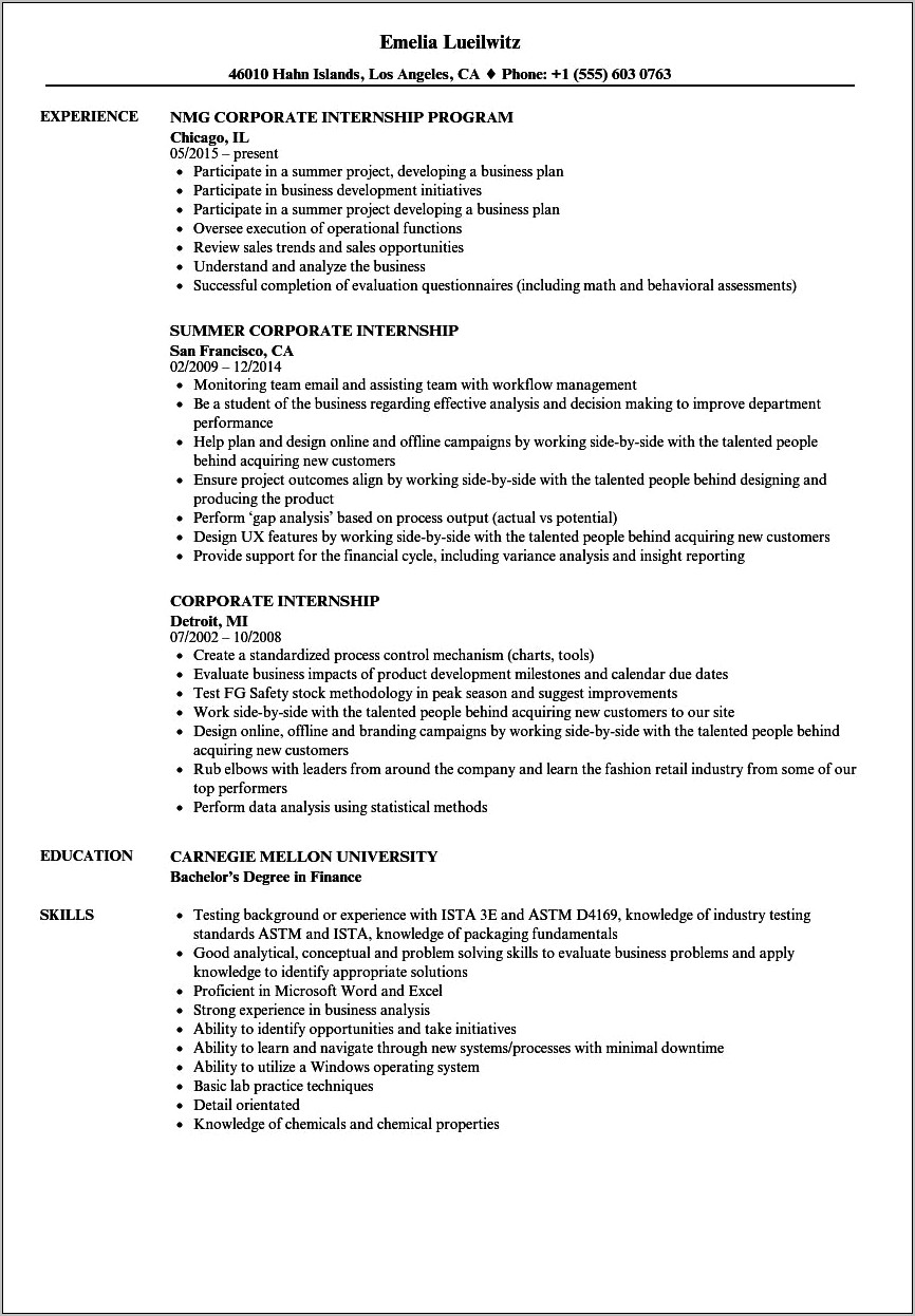 White House Internship Resume Example