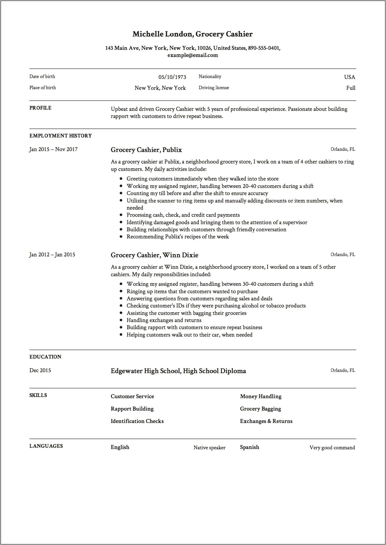 Whole Foods Cashier Resume Example