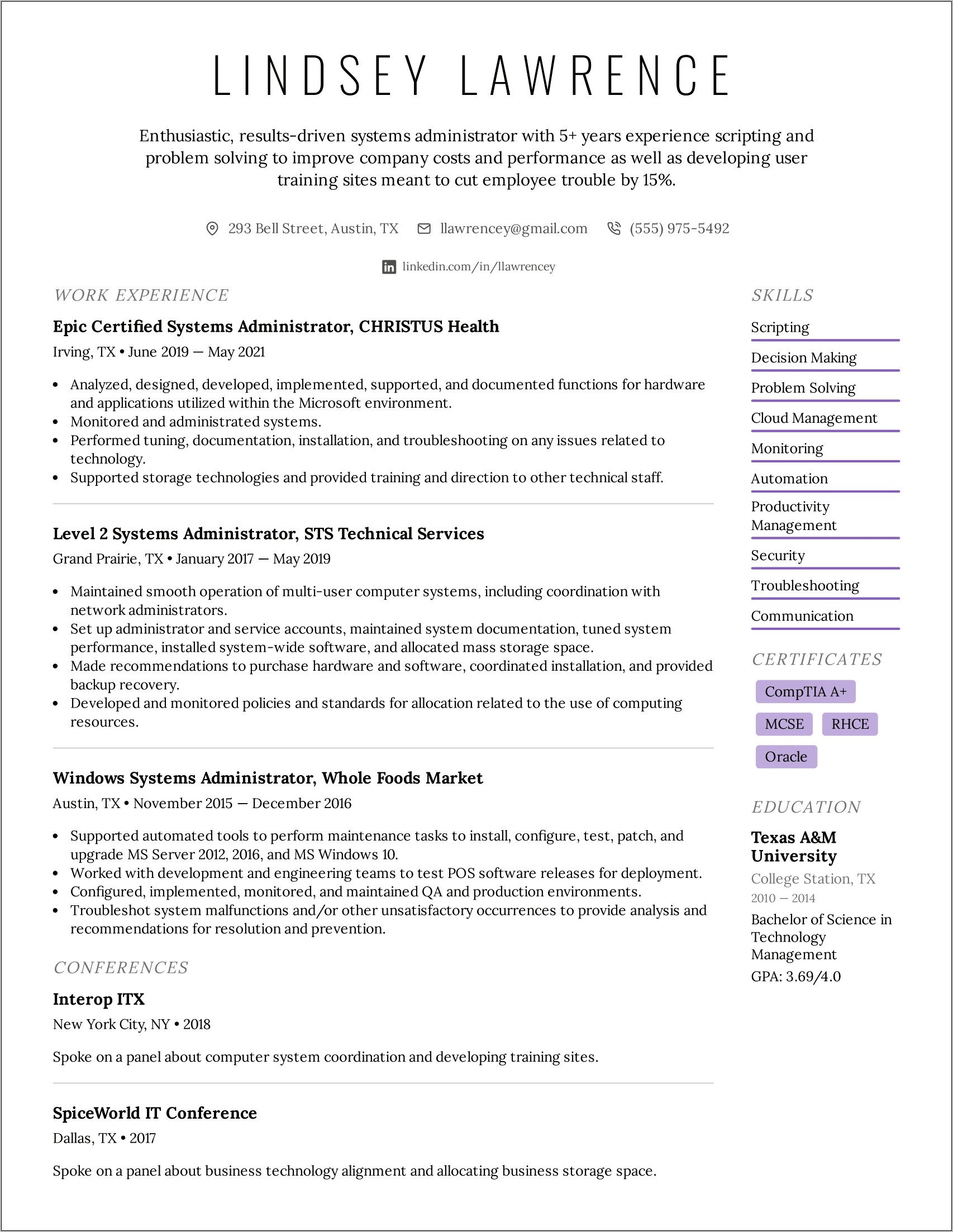 Windows System Admin Resume Sample