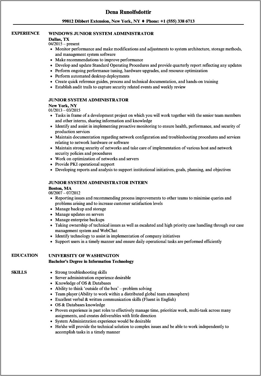 Windows System Admin Sample Resume