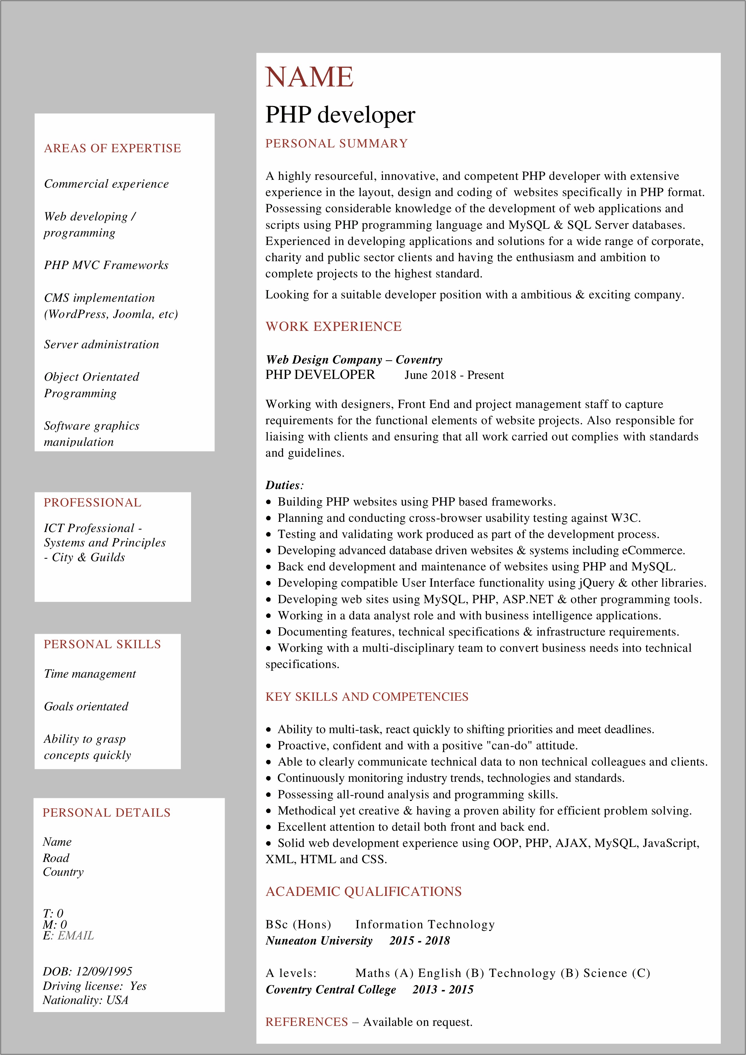 Wordpress Web Developer Resume Sample