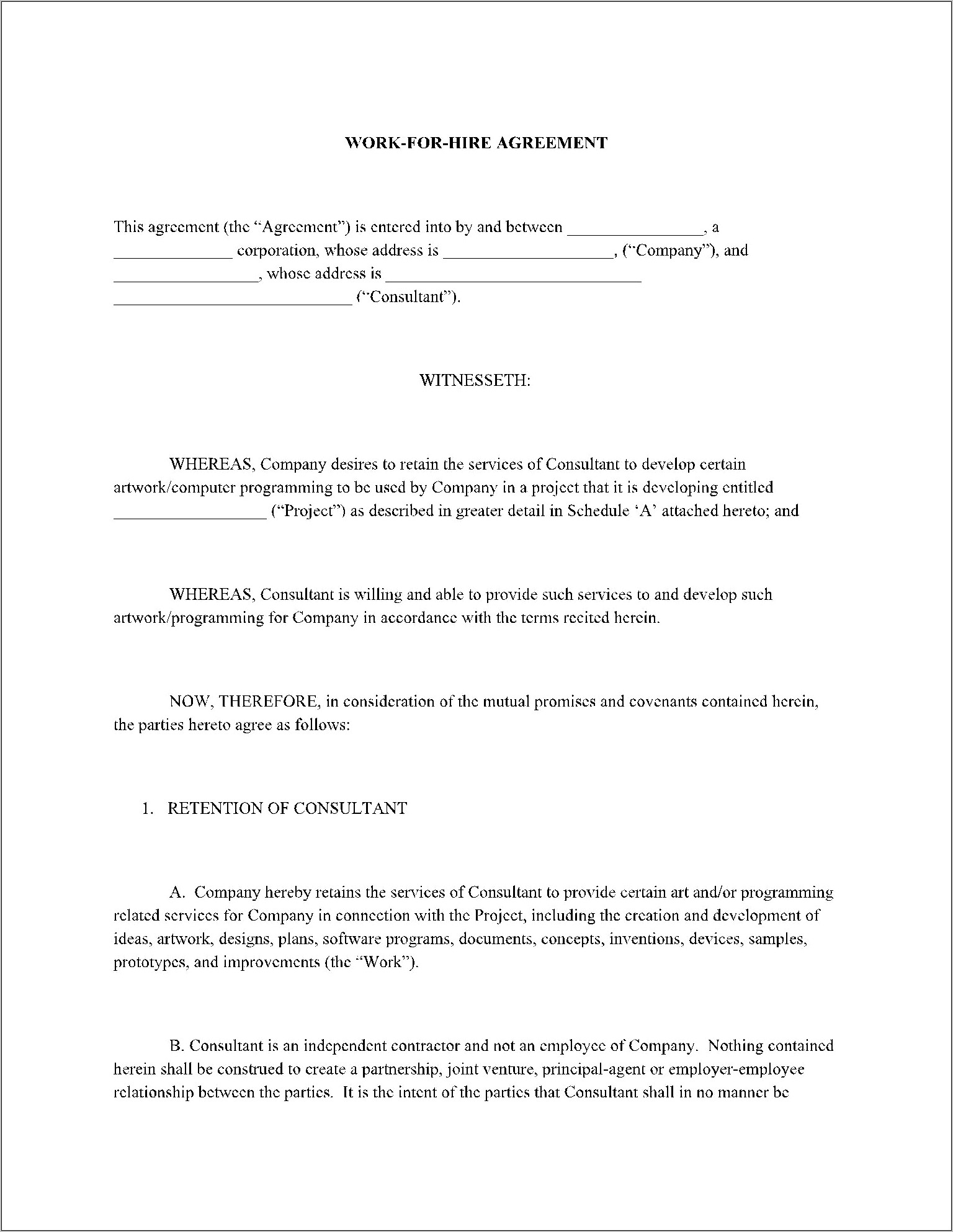 Work For Hire Agreement Template Free Model