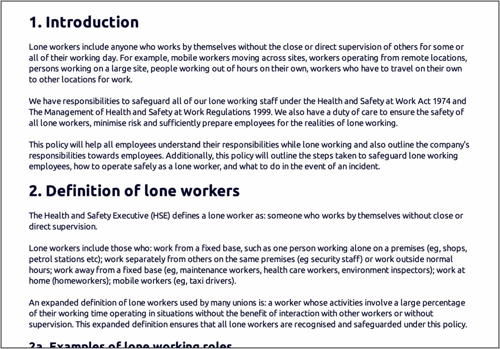 Working Alone Safe Work Procedure Free Template