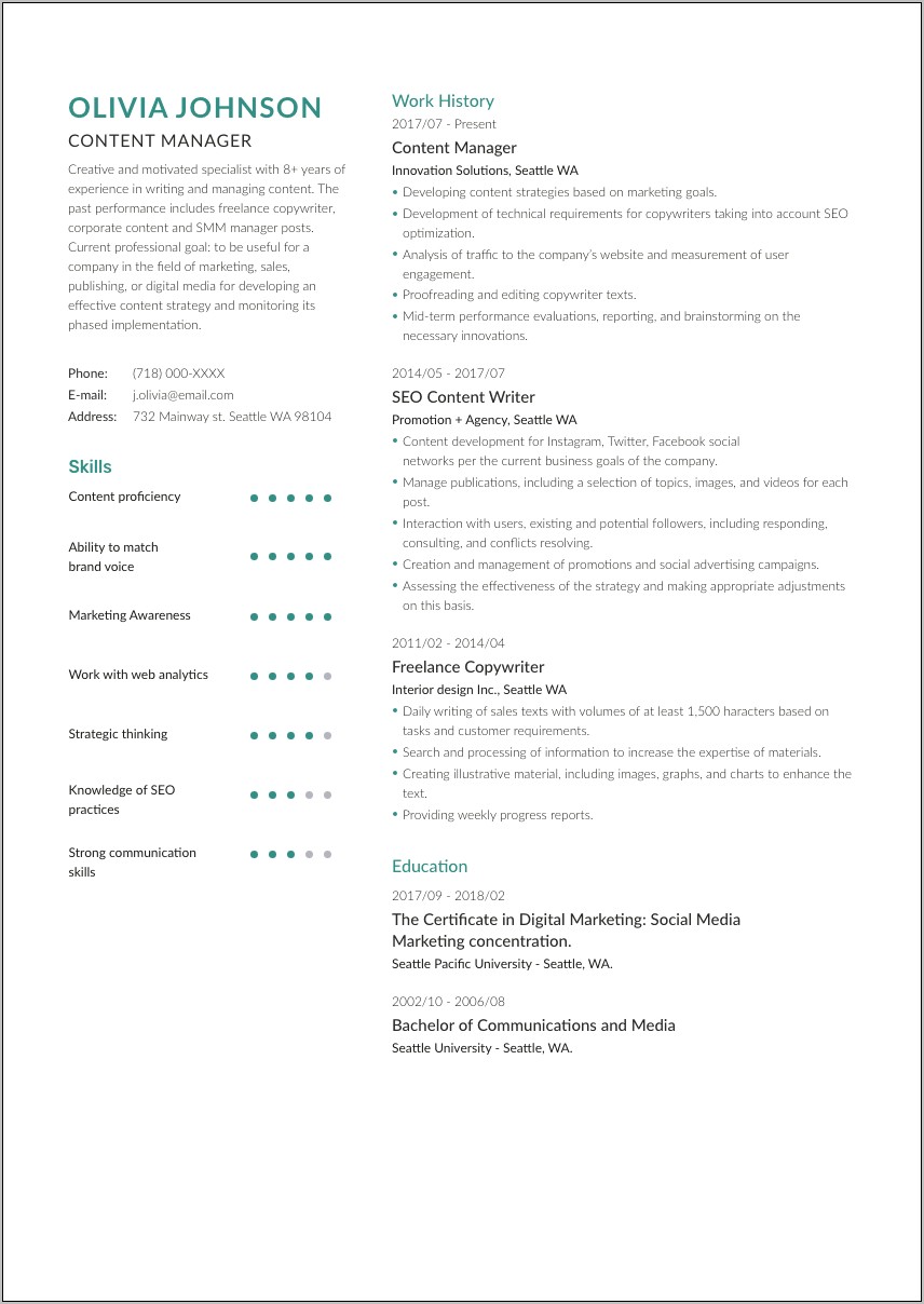 Writer Resume Template Example 2018