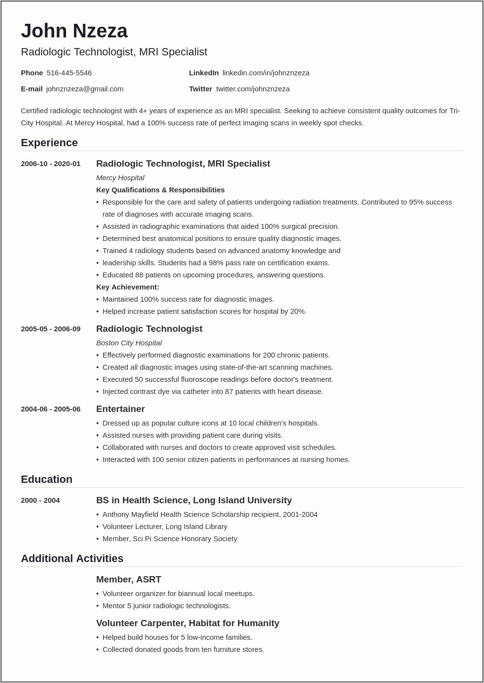 Xray Tech Resume Samples 2017