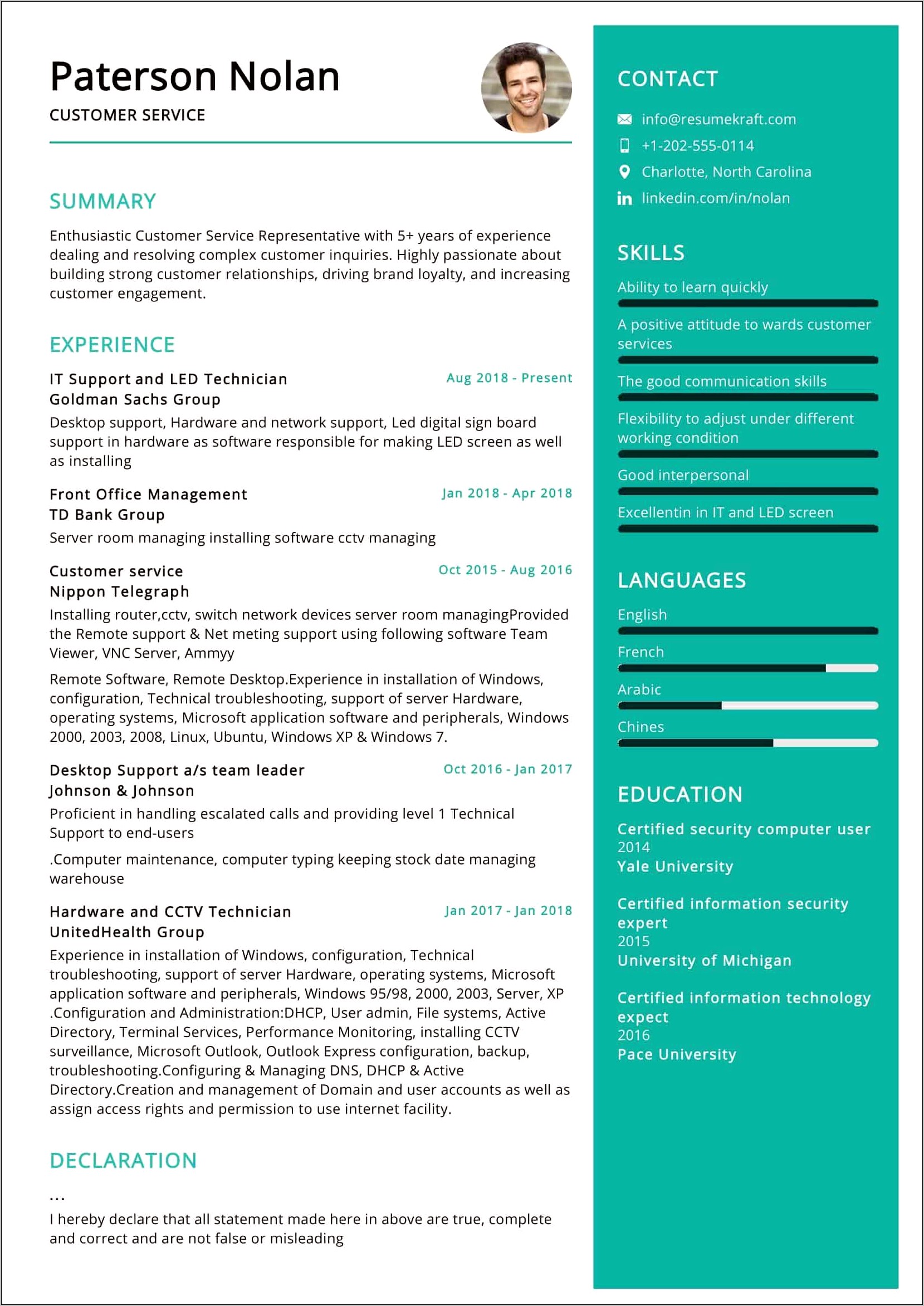 Yale Career Services Sample Resume