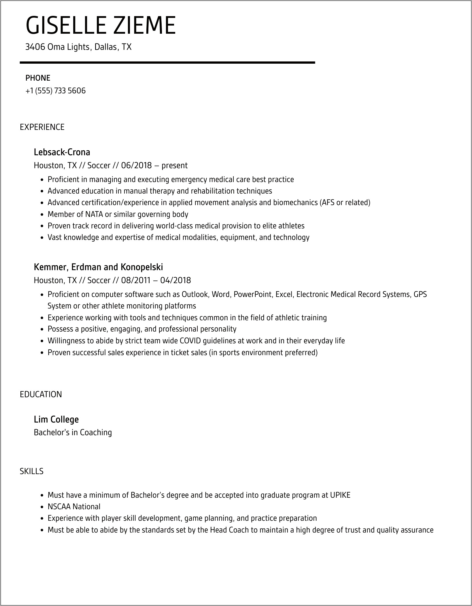 Youth Soccer Coach Resume Sample