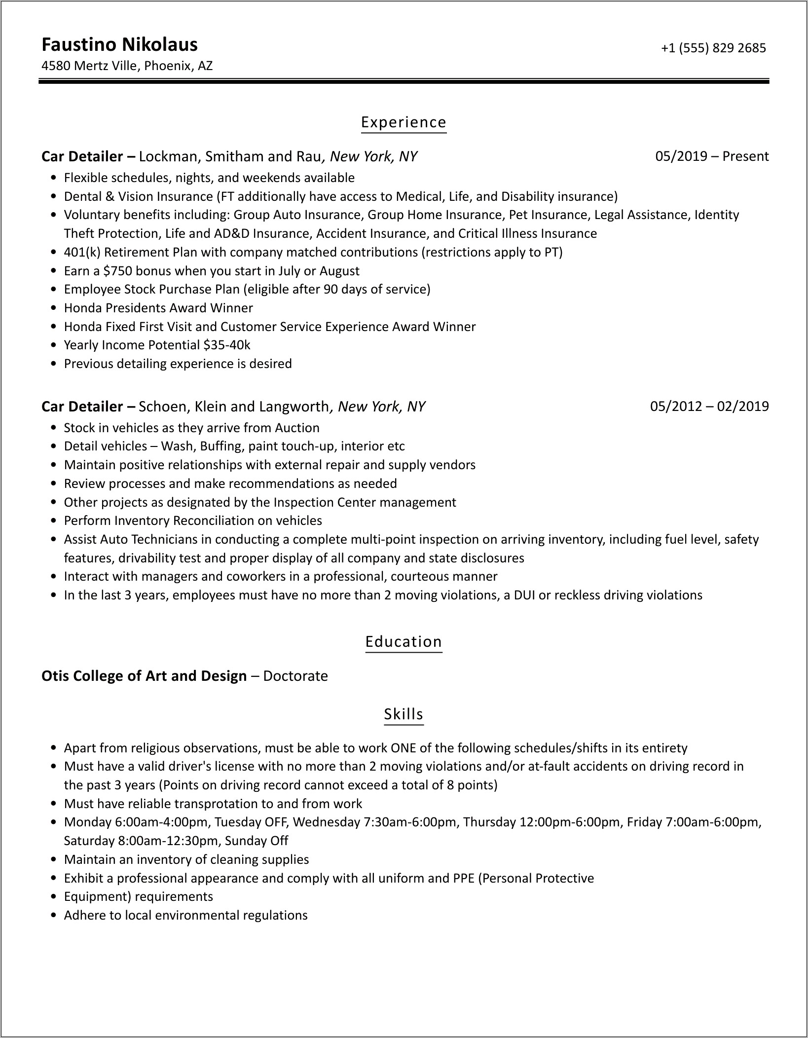 Zodiac Detailer Resume Job Description