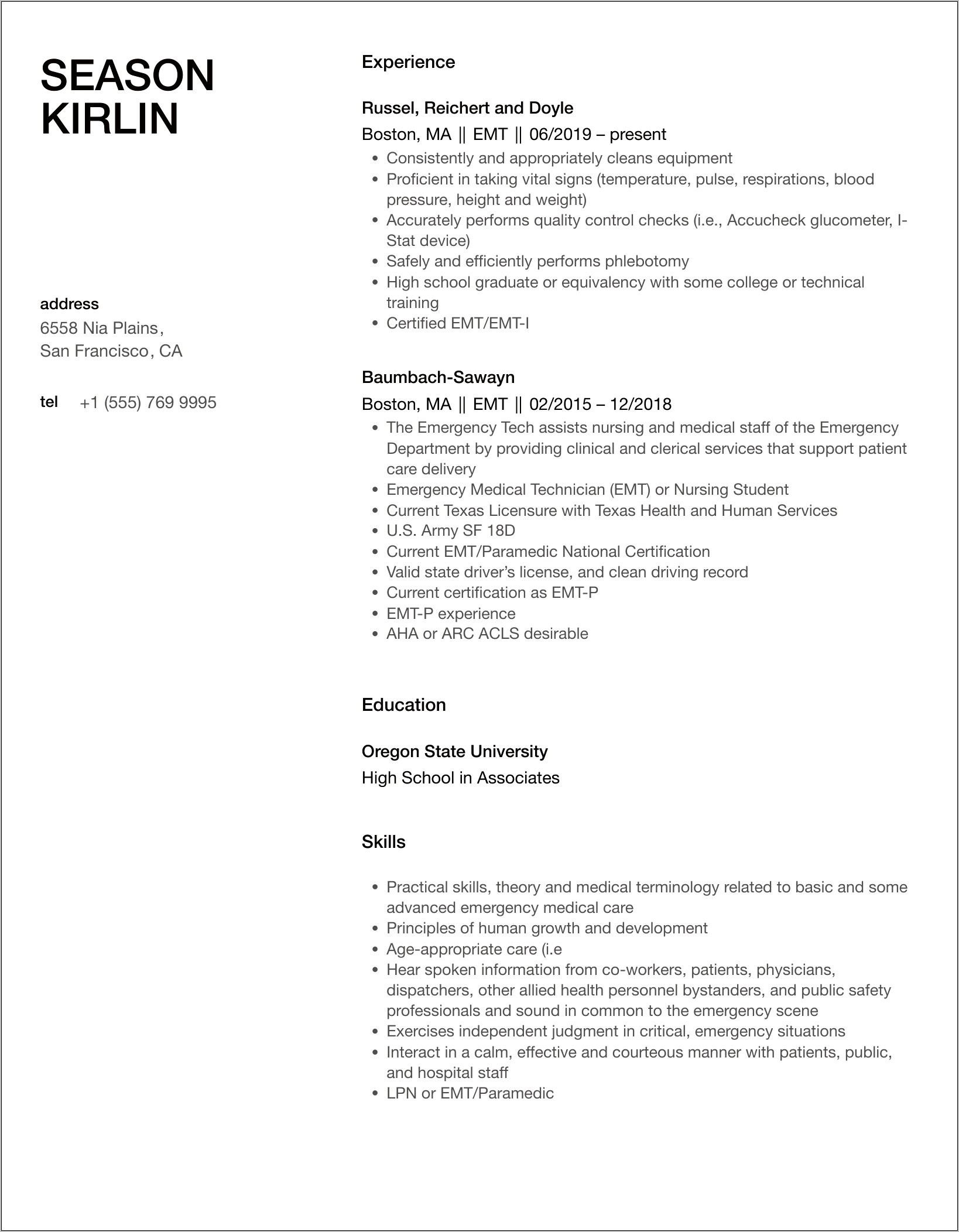 ﻿resume Job Description For Emt